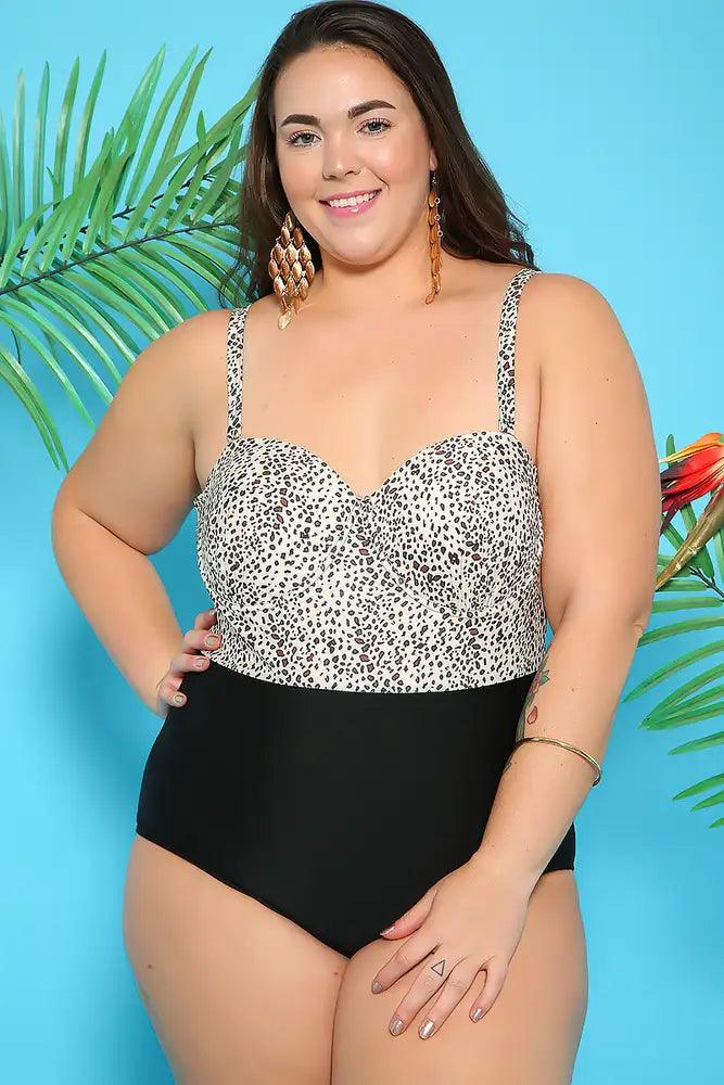 Sexy Beige Leopard Printed Plus Size One Piece Swimsuit - AMIClubwear