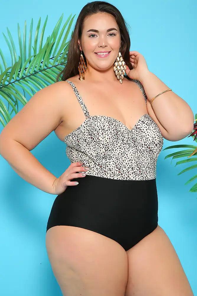 Sexy Beige Leopard Printed Plus Size One Piece Swimsuit - AMIClubwear