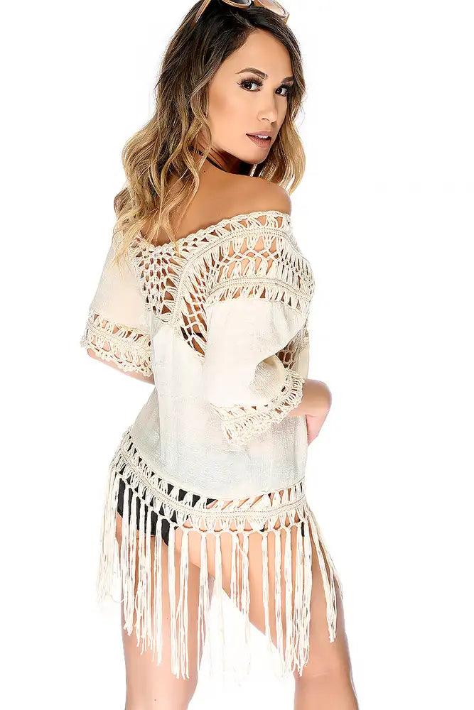 Sexy Beige Open Knitted Fringe Detail Mid Sleeve Swimsuit Cover Up - AMIClubwear