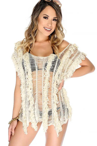 Sexy Beige Open Knitted Fringe Detail Short Sleeve Swimsuit Cover Up - AMIClubwear