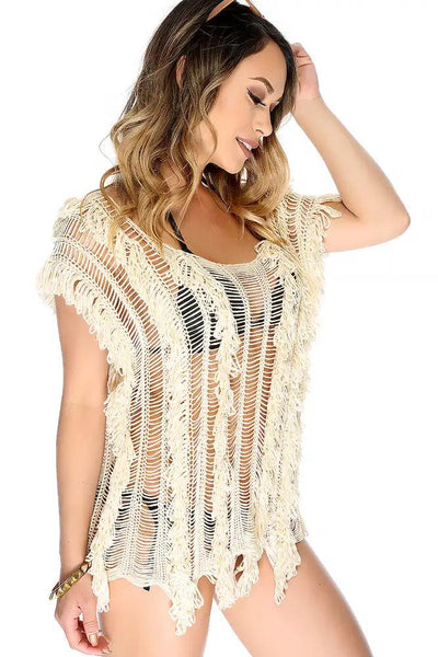 Sexy Beige Open Knitted Fringe Detail Short Sleeve Swimsuit Cover Up - AMIClubwear