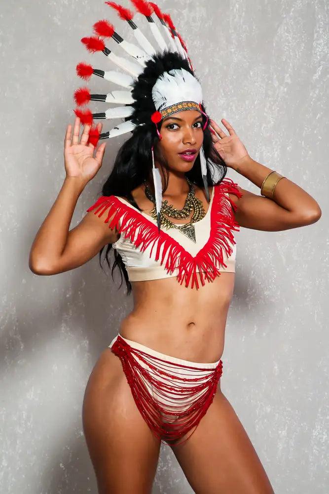 Sexy Beige Red Beaded Fringe Detail Indian 3Pc Costume - AMIClubwear