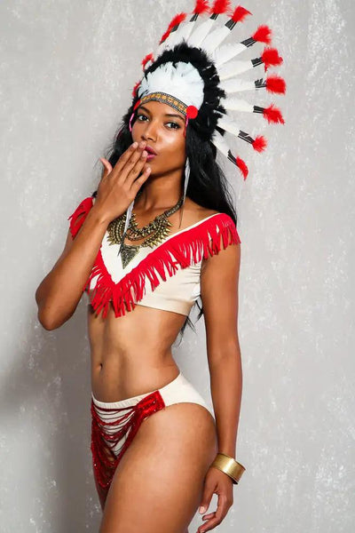 Sexy Beige Red Beaded Fringe Detail Indian 3Pc Costume - AMIClubwear