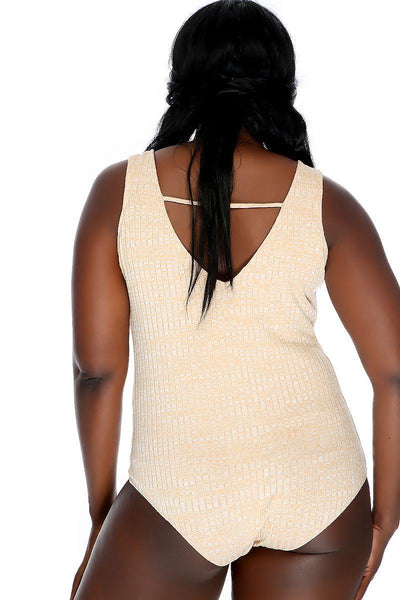 Sexy Beige Ribbed Two Tone Sleeveless Casual Bodysuit - AMIClubwear