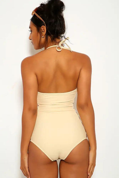 Sexy Beige Side Cut Out Strappy Halter One Piece Swimsuit - AMIClubwear