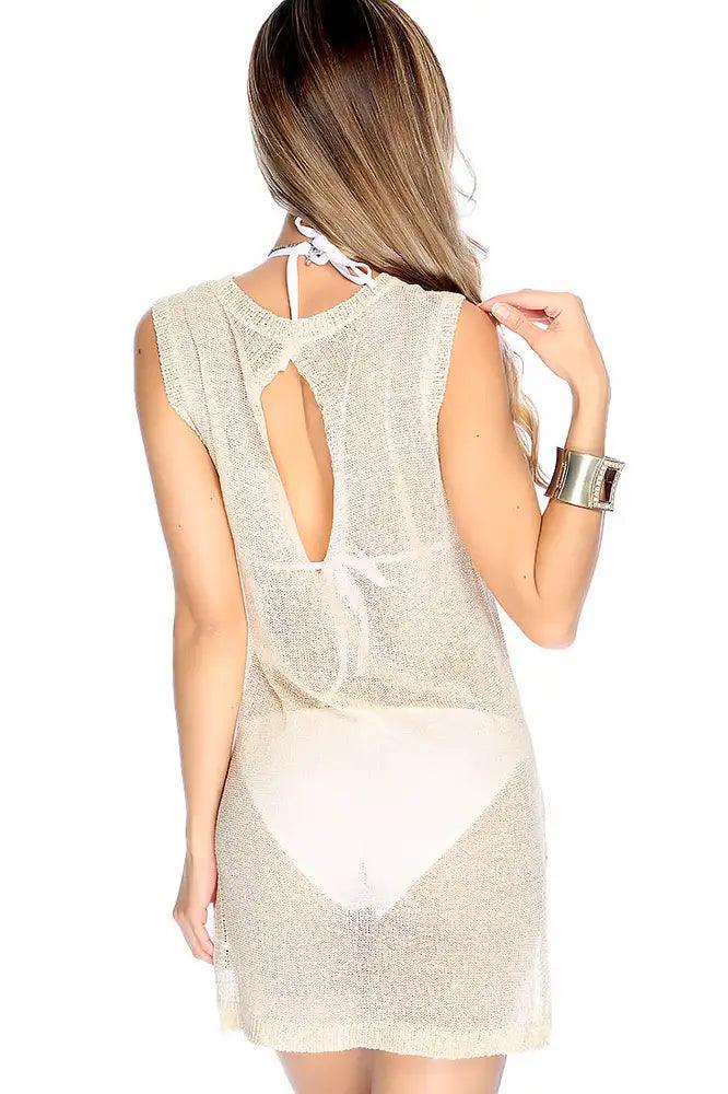 Sexy Beige Sleeveless Knitted Swim Cover Up - AMIClubwear