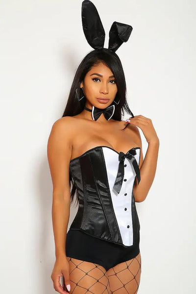 Sexy Black 2 Piece Corset Zipper Lace Up Bunny Costume - AMIClubwear