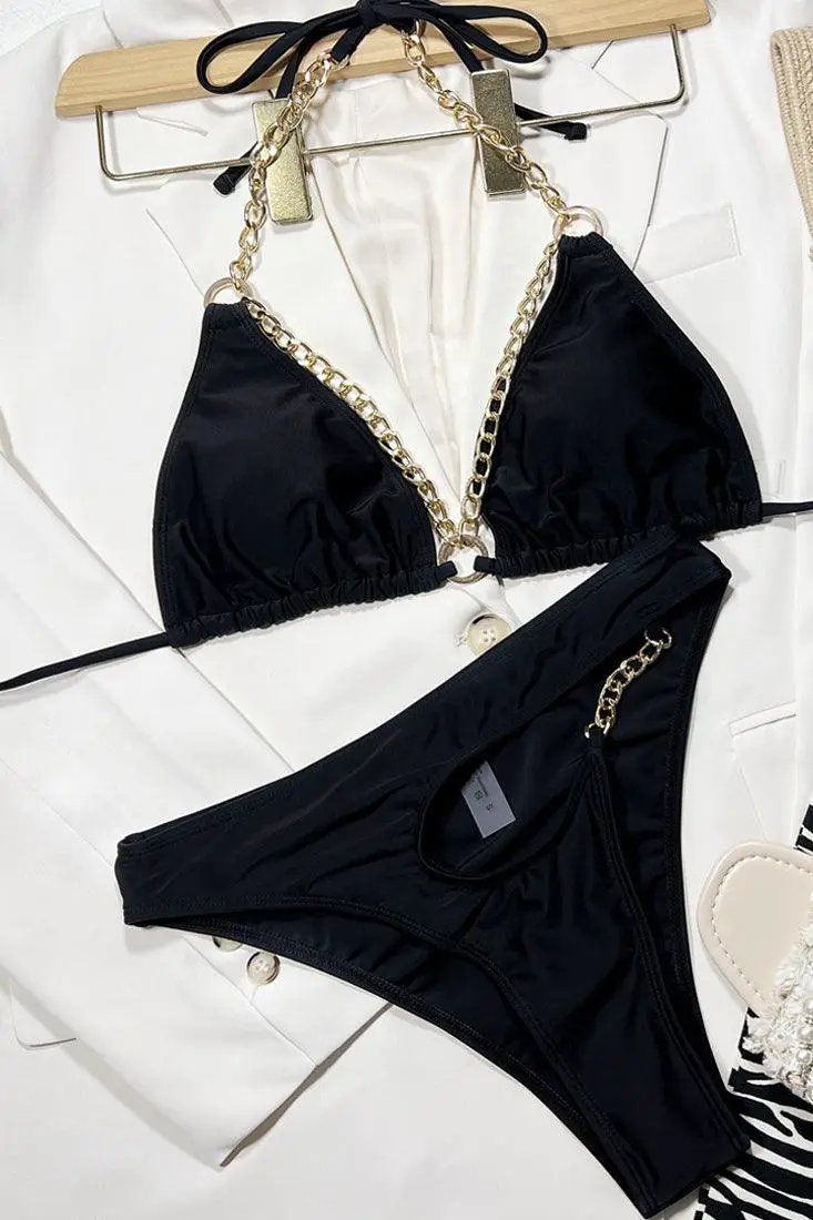 Sexy Black 2pc Cheeky Bikini With Gold Chain Straps