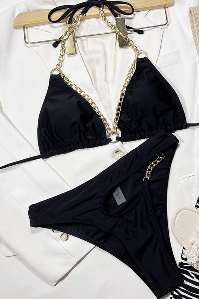 Sexy Black 2pc Cheeky Bikini With Gold Chain Straps - AMIClubwear