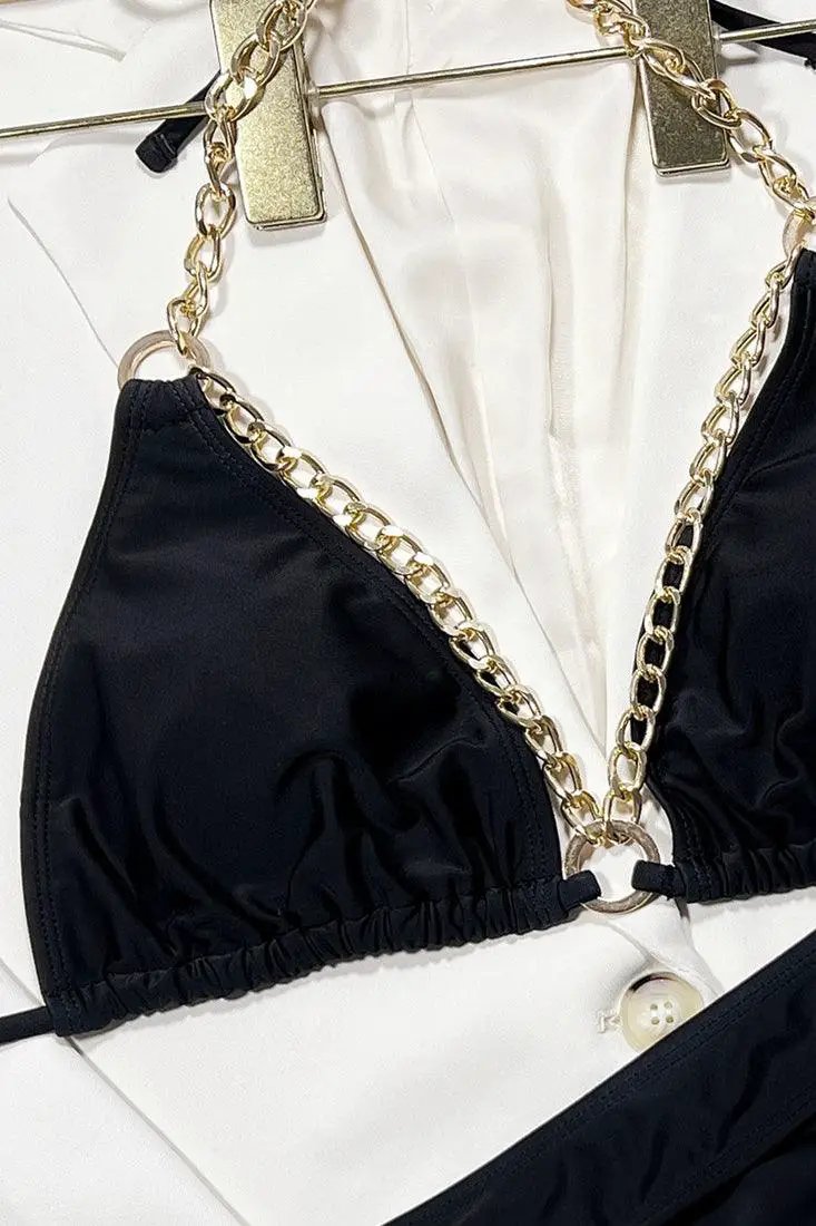 Sexy Black 2pc Cheeky Bikini With Gold Chain Straps