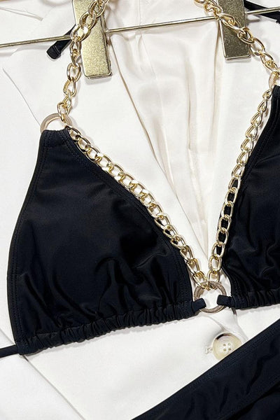 Sexy Black 2pc Cheeky Bikini With Gold Chain Straps - AMIClubwear