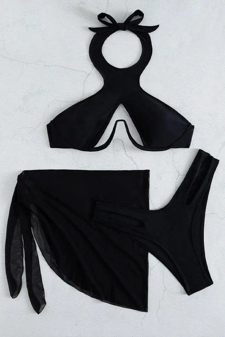 Sexy Black 3pc Cheeky Bikini With Coverup