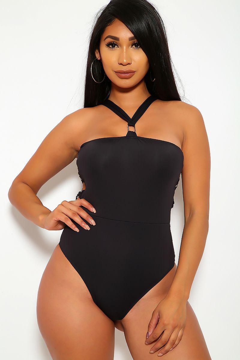 Sexy Black Accent Strappy Onepiece Swimsuit - AMIClubwear