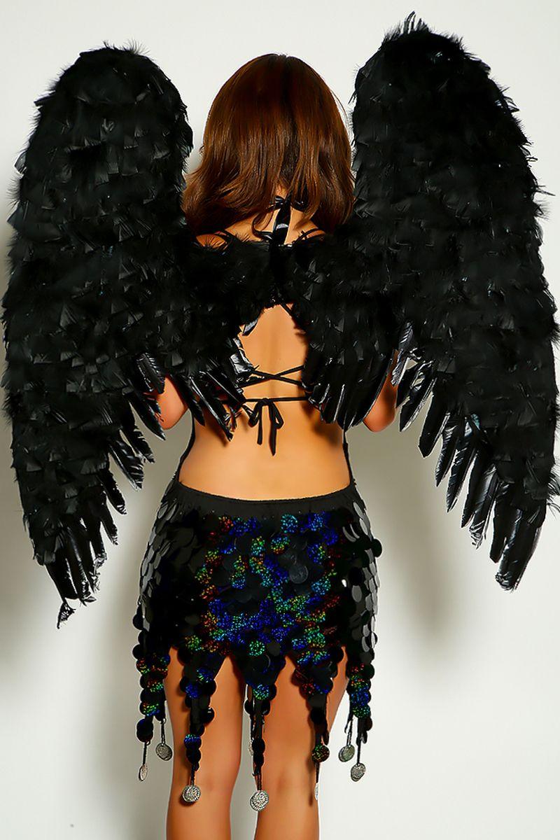 Sexy Black Angel Sequin Fringe One Piece Costume - AMIClubwear