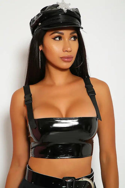 Sexy Black Authority Sleeveless Patent Crop Top Costume - AMIClubwear