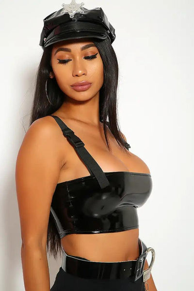 Sexy Black Authority Sleeveless Patent Crop Top Costume - AMIClubwear