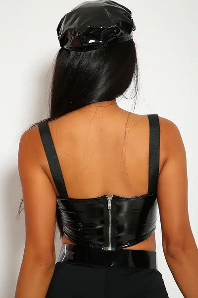 Sexy Black Authority Sleeveless Patent Crop Top Costume - AMIClubwear