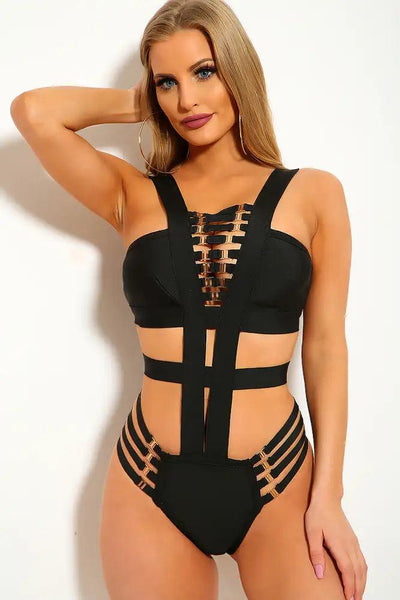 Sexy Black Bandage Strappy Cut Out Monokini - AMIClubwear