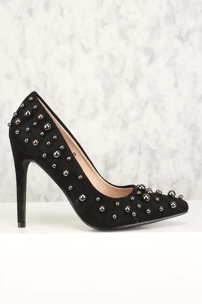 Sexy Black Beaded Single Sole High Heels Pumps Faux Suede - AMIClubwear