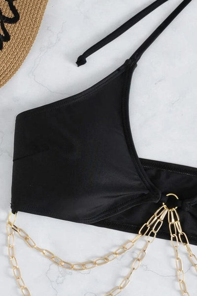 Sexy Black Bikini With Gold Chain Side Strap Bottom - AMIClubwear