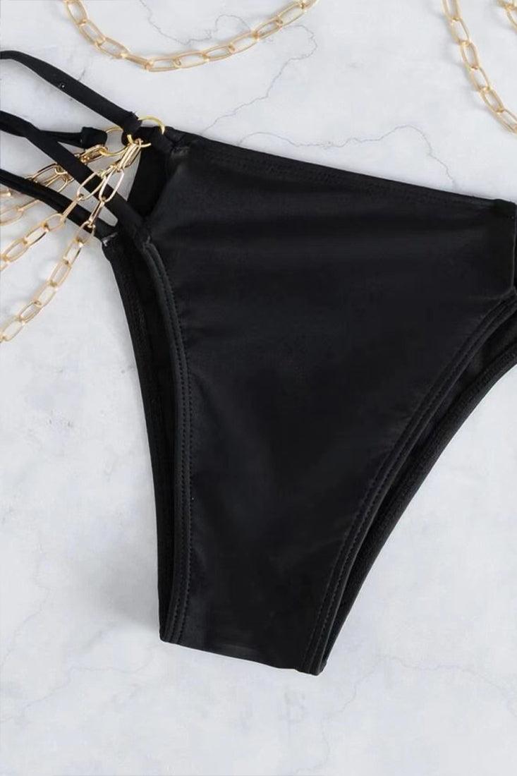 Sexy Black Bikini With Gold Chain Side Strap Bottom - AMIClubwear