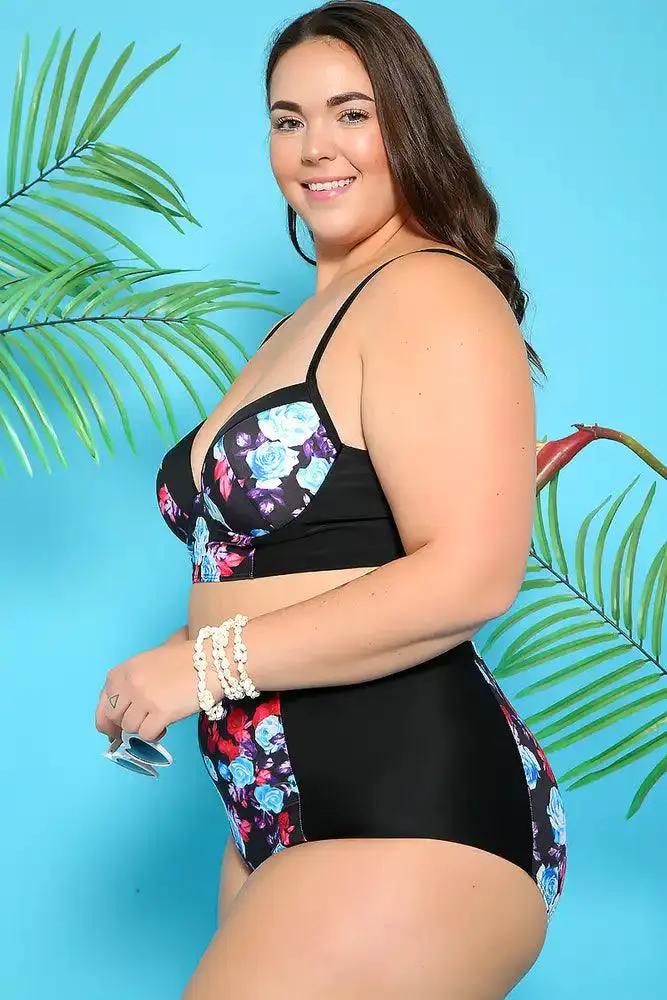Sexy Black Blue Floral Padded High Waist Plus Size Two Piece Swimsuit