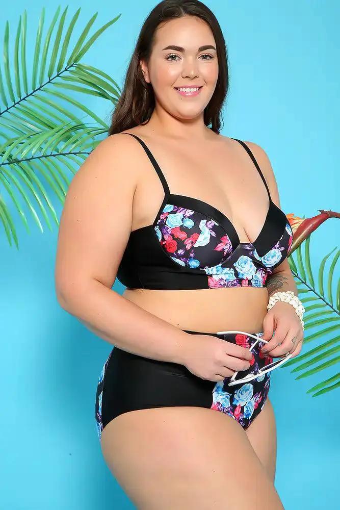 Sexy Black Blue Floral Padded High Waist Plus Size Two Piece Swimsuit