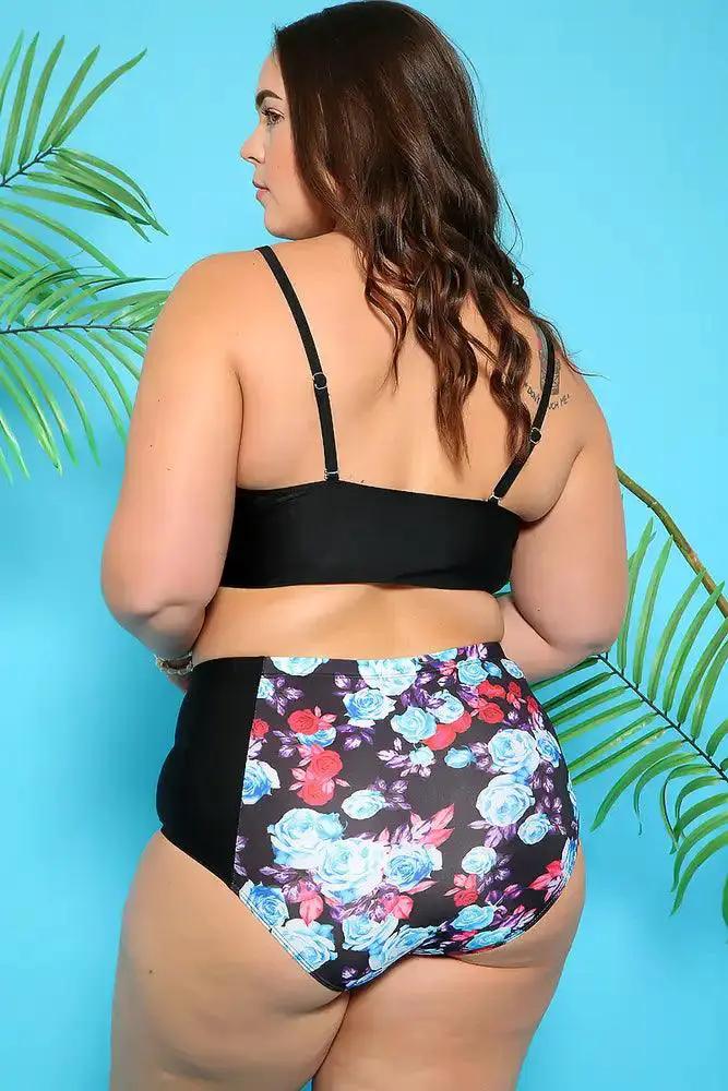 Sexy Black Blue Floral Padded High Waist Plus Size Two Piece Swimsuit
