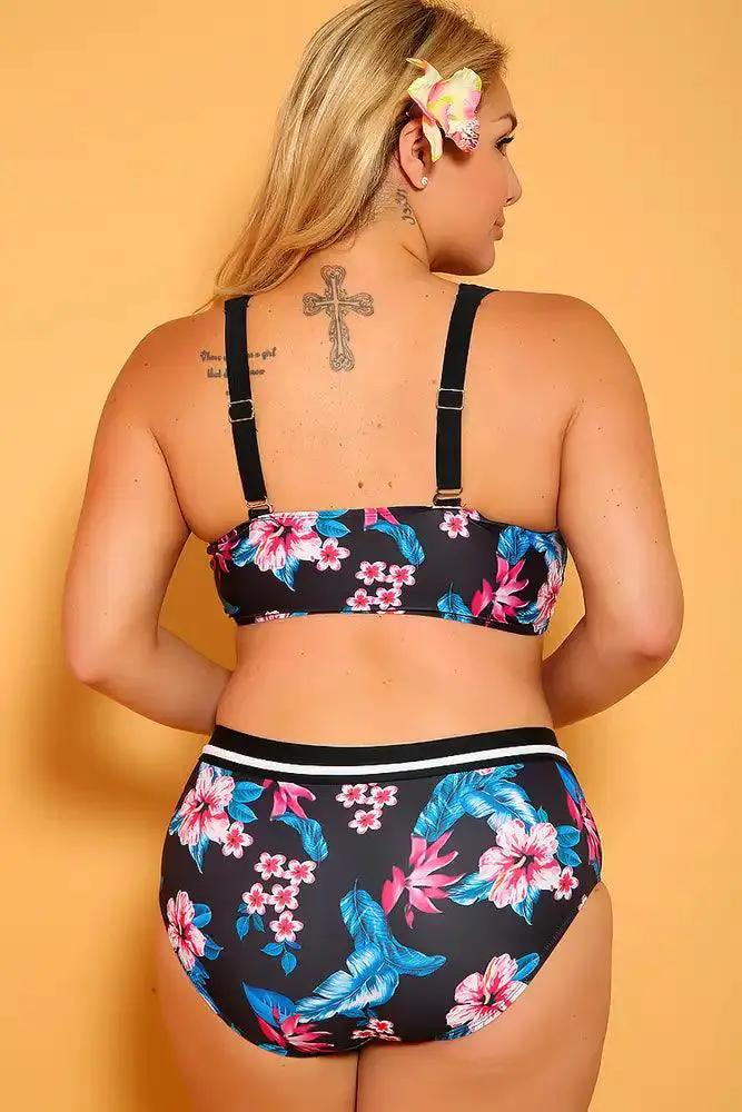 Sexy Black Blue Floral Print Plus Size Two Piece Swimsuit
