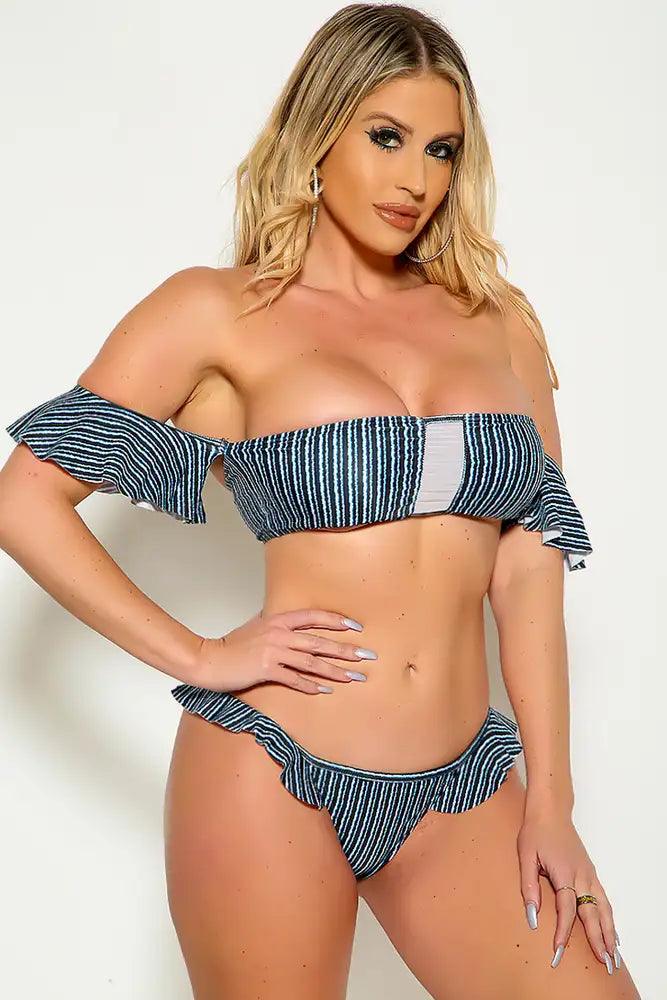 Sexy Black Blue Printed Off The Shoulders Padded 2Pc. Swimsuit - AMIClubwear