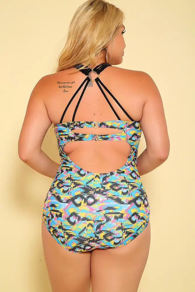 Sexy Black Blue Tribal Print Strappy Detailing Duo Back Strap One Piece Swimsuit - AMIClubwear