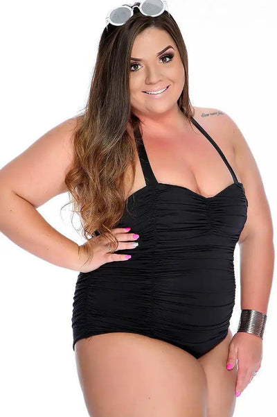 Sexy Black Bold Ruched Halter Strap Plus Size One Piece Swimsuit - AMIClubwear