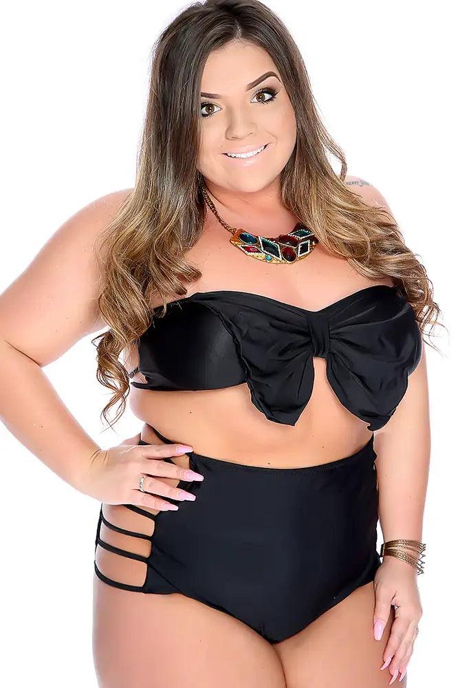 Sexy Black Bow Accent Strappy High Waist Plus Size Swimsuit - AMIClubwear