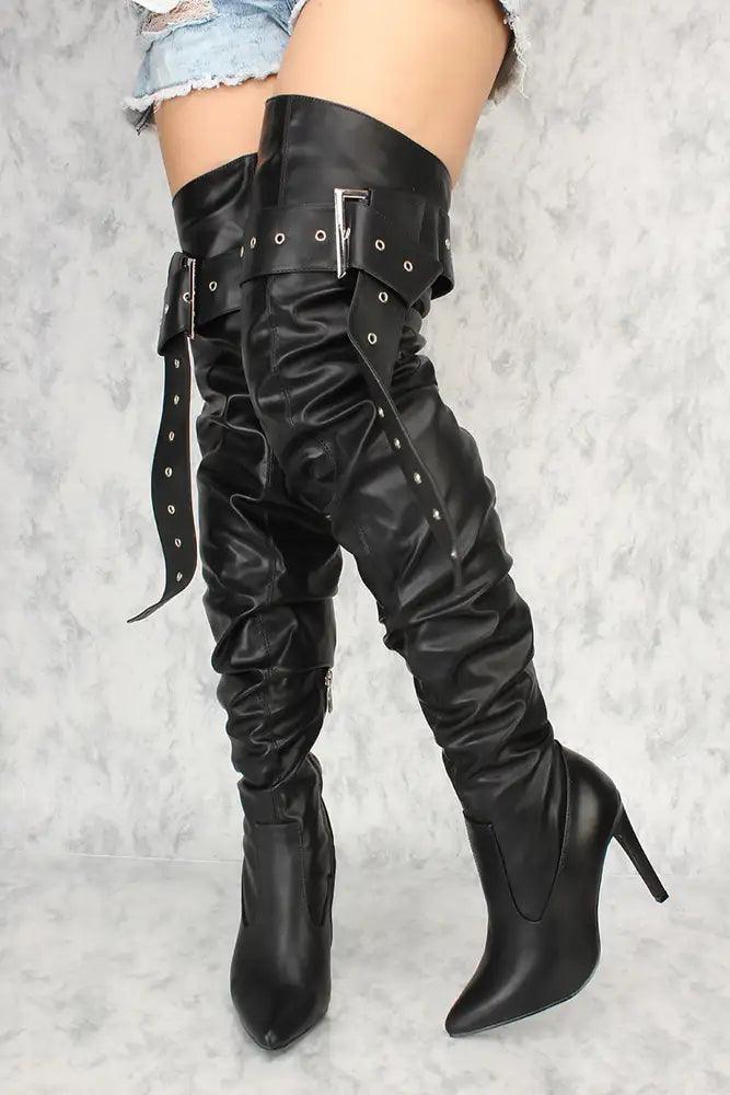 Sexy Black Buckle Strap Slouchy Pointy Toe Thigh High Heels Faux Leather - AMIClubwear