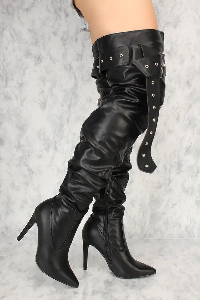 Sexy Black Buckle Strap Slouchy Pointy Toe Thigh High Heels Faux Leather - AMIClubwear