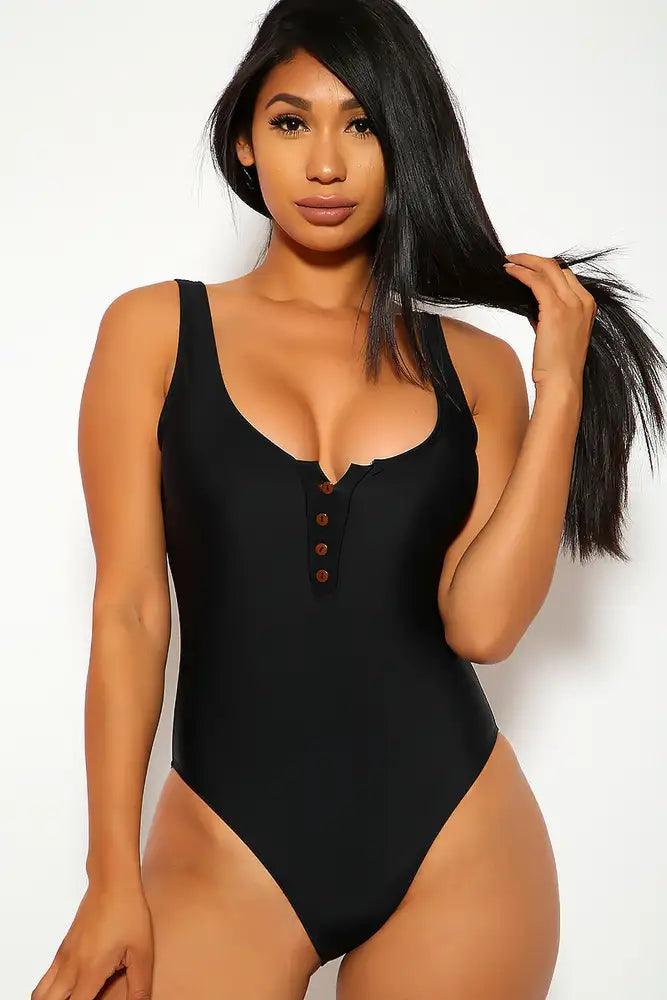 Sexy Black Button One Piece Swimsuit - AMIClubwear