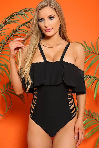 Sexy Black Cage Detail Off The Shoulders One Piece Swimsuit - AMIClubwear