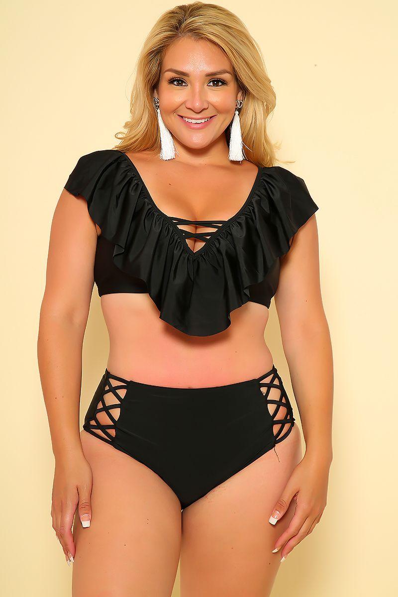 Sexy Black Caged High Waist Plus Size Two Piece Swimsuit - AMIClubwear