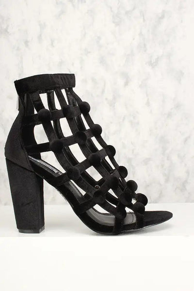 Sexy Black Caged Open Toe Chunky High Heels Velvet - AMIClubwear