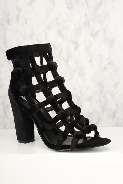 Sexy Black Caged Open Toe Chunky High Heels Velvet - AMIClubwear