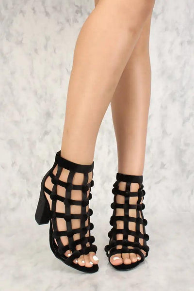 Sexy Black Caged Open Toe Chunky High Heels Velvet - AMIClubwear