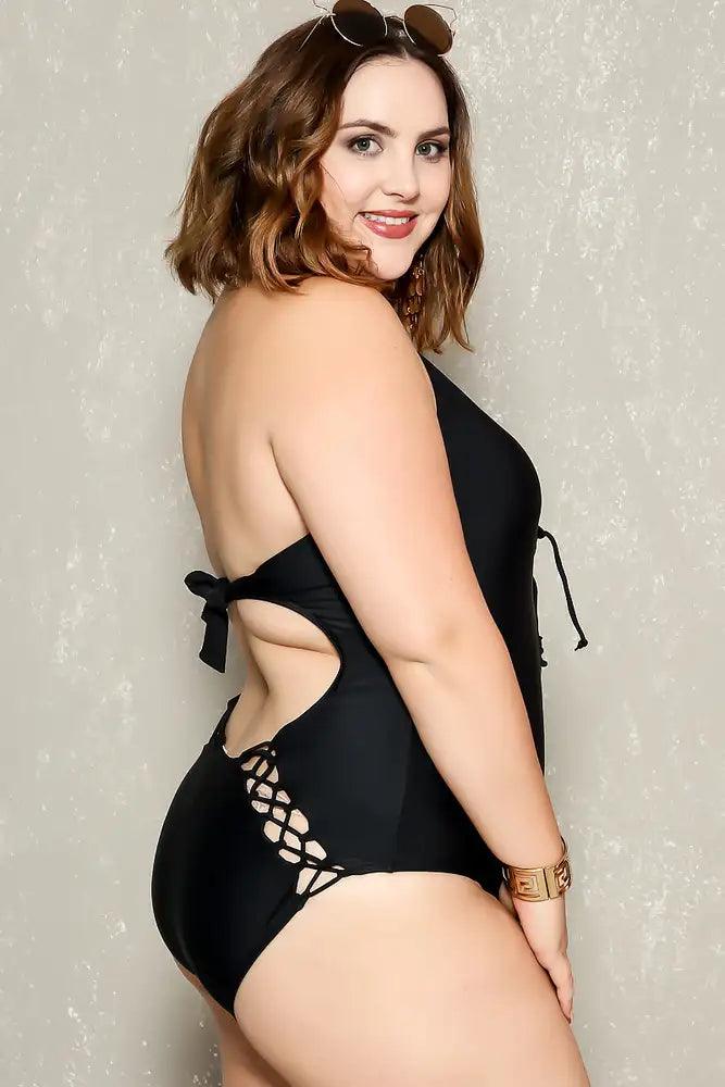 Sexy Black Caged Strappy Plus Size One Piece Swimsuit - AMIClubwear