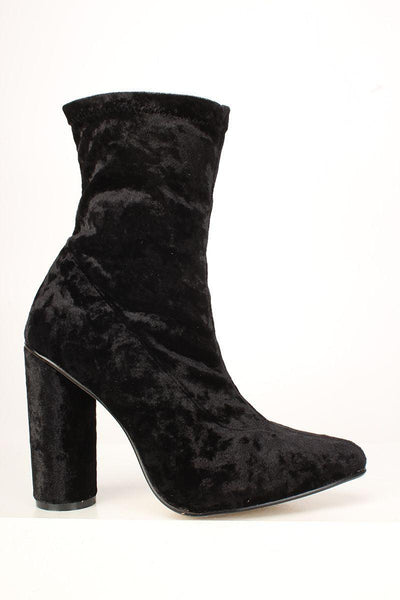 Sexy Black Chunky High Heels Ankle Booties Crushed Velvet - AMIClubwear