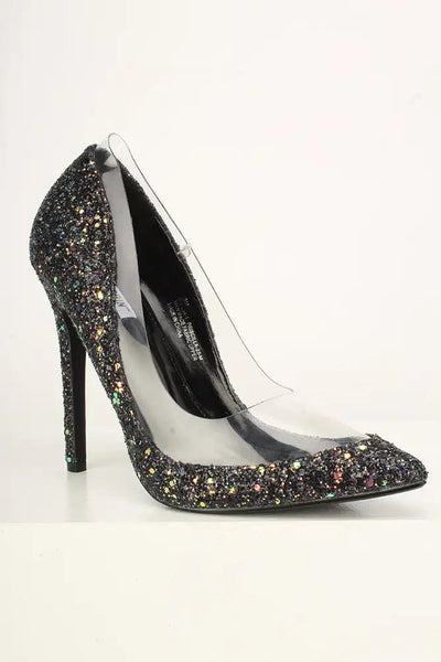 Sexy Black Clear Pointy Toe Single Sole High Heels Pumps Glitter - AMIClubwear