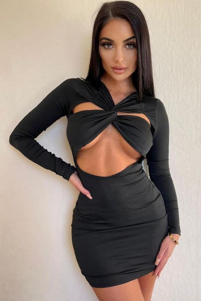 Sexy Black Criss-Cross Front Hollow Out Club Dress - AMIClubwear