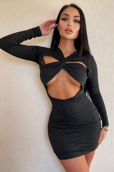 Sexy Black Criss-Cross Front Hollow Out Club Dress - AMIClubwear