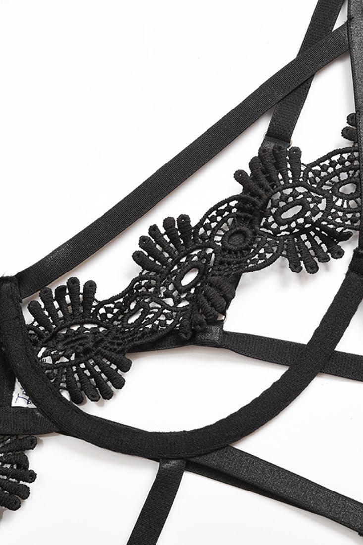Sexy Black Crochet Strappy Bodysuit Lingerie - AMIClubwear