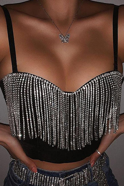 Sexy Black Crop Top Rhinestone Fringe Bustier - AMIClubwear