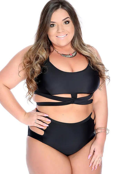 Sexy Black Cross Strappy High Waist Plus Size Swimsuit - AMIClubwear