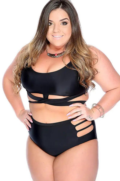 Sexy Black Cross Strappy High Waist Plus Size Swimsuit - AMIClubwear